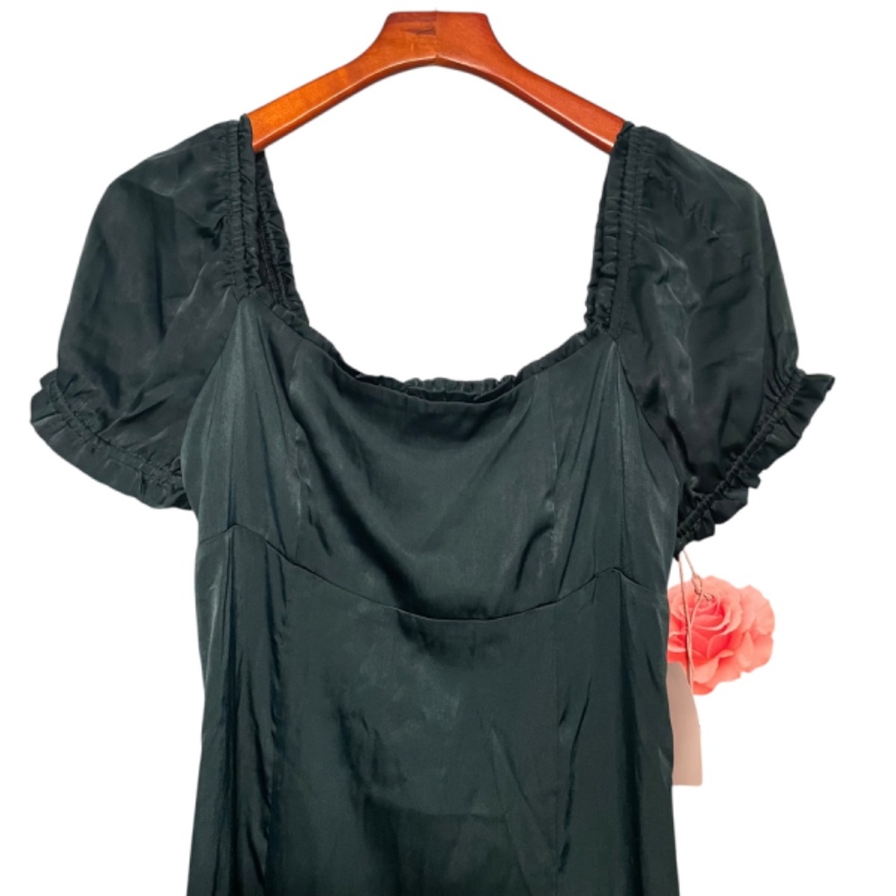 Show Me Your Mumu Green Satin Maxi Dress Empire Waist Puff Sleeve Large NWT